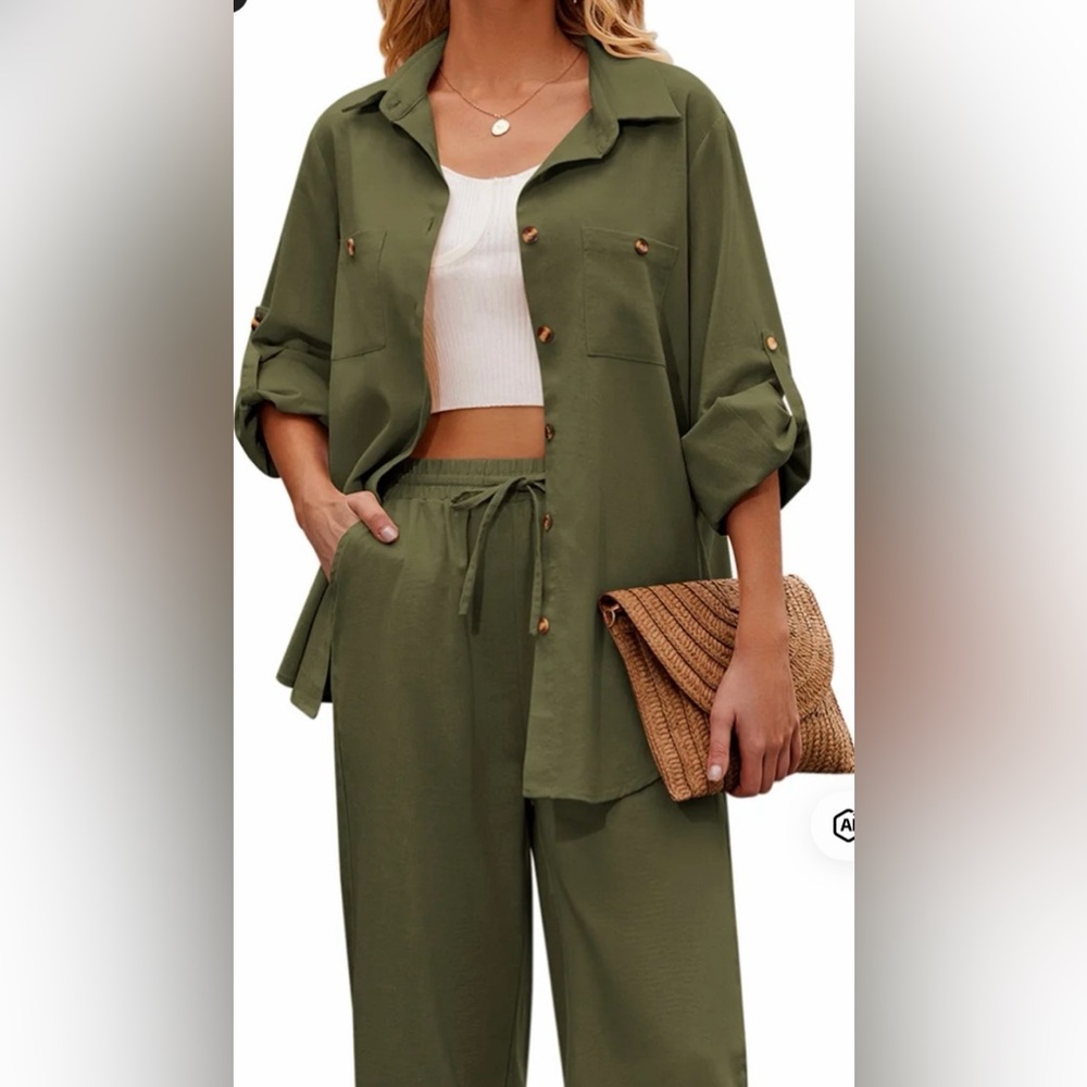 NWT I Zeagoo Olive Green Button-Up Shirt and Pants Set